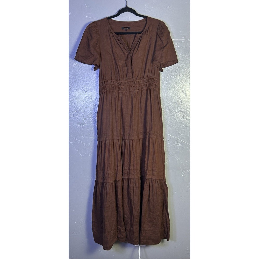Quince brown short-sleeve tiered maxi dress 100% Linen M Classic Staple Fall